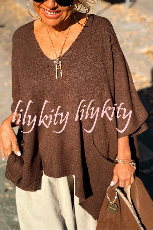 Fashion V-neck Loose Pocket Mid-length Knitted Sweater