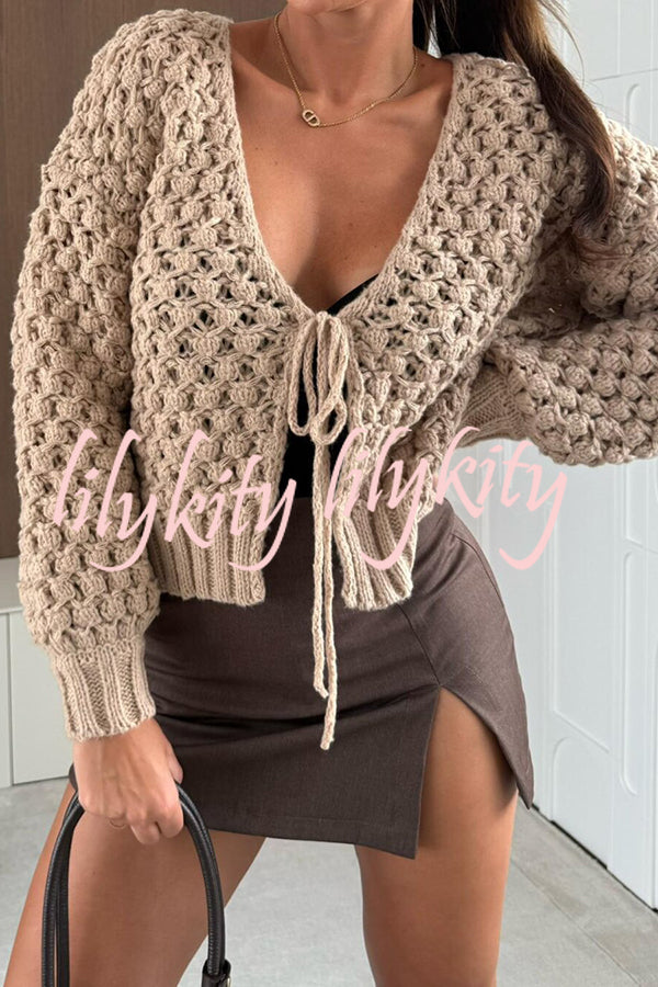 Marin Knit Hollow Texture Tie-up Neck Balloon Sleeve Relaxed Cardigan