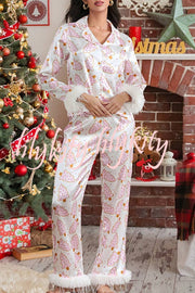 Christmas Print Feather Trim Elastic Waist Pocket Pajama Set