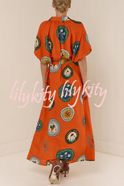 Linen Blend Unique Print Lapel Loose Tie Cardigan Maxi Dress