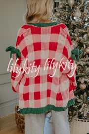Holiday Cozy Checkered Knit Color-blocked Plaid Bow Long-sleeved Cardigan