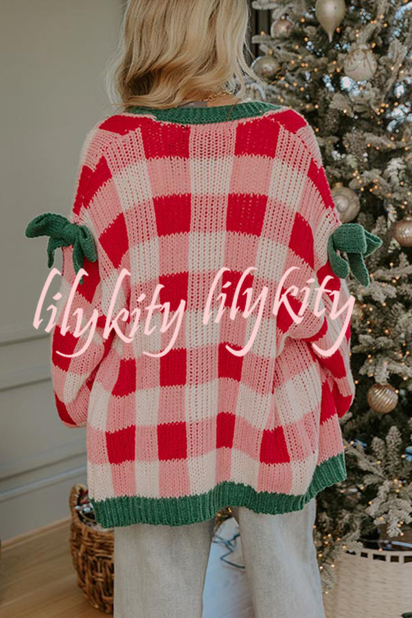 Holiday Cozy Checkered Knit Color-blocked Plaid Bow Long-sleeved Cardigan