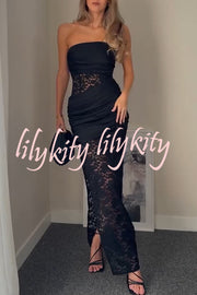 Dulcie Lace and Satin Patchwork Asymmetrical Pleats Bandeau Maxi Dress