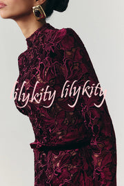 Diane Velvet Embroidered Floral Lace Long Sleeve Belt Scallop Edge Midi Dress