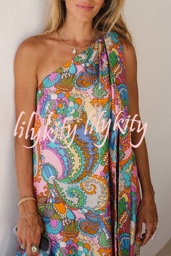Rainbow Breeze Satin Unique Print Bow One Shoulder Loose Maxi Dress