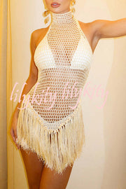 Lillie Crochet Knit Halter Backless Tassle Hem Vacation Mini Dress