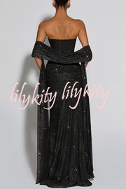 Paula Sequined Mesh and Jersey Off Shoulder Ruched Knot Drape Shawl Maxi Dress