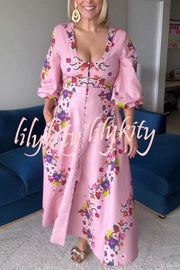 Garden Party Linen Blend Floral Print Button Balloon Sleeve Pocketed Maxi Dress