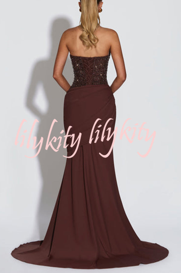 Exclusive Declaration Sequin Halter Neck Back Lace-up Ruched Hem Maxi Dress