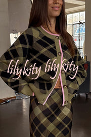Holiday Plaid Knit Color-blocked Trim Button Long-sleeved Loose Cardigan