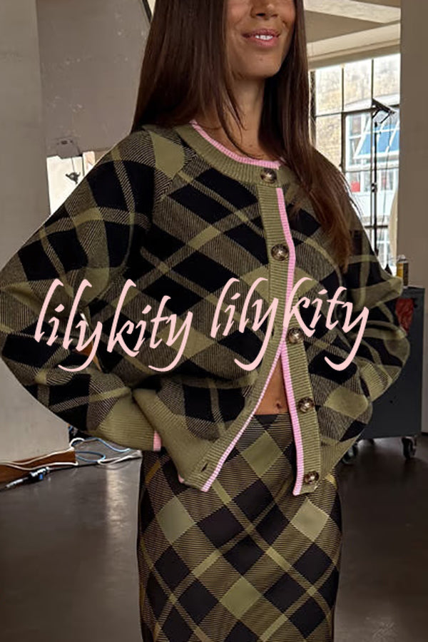 Holiday Plaid Knit Color-blocked Trim Button Long-sleeved Loose Cardigan