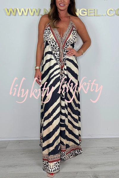 Zebra Print V-neck Open Back Loose Maxi Dress