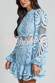 Solid Color Hollow Long-sleeved Waisted Lace Mini Dress