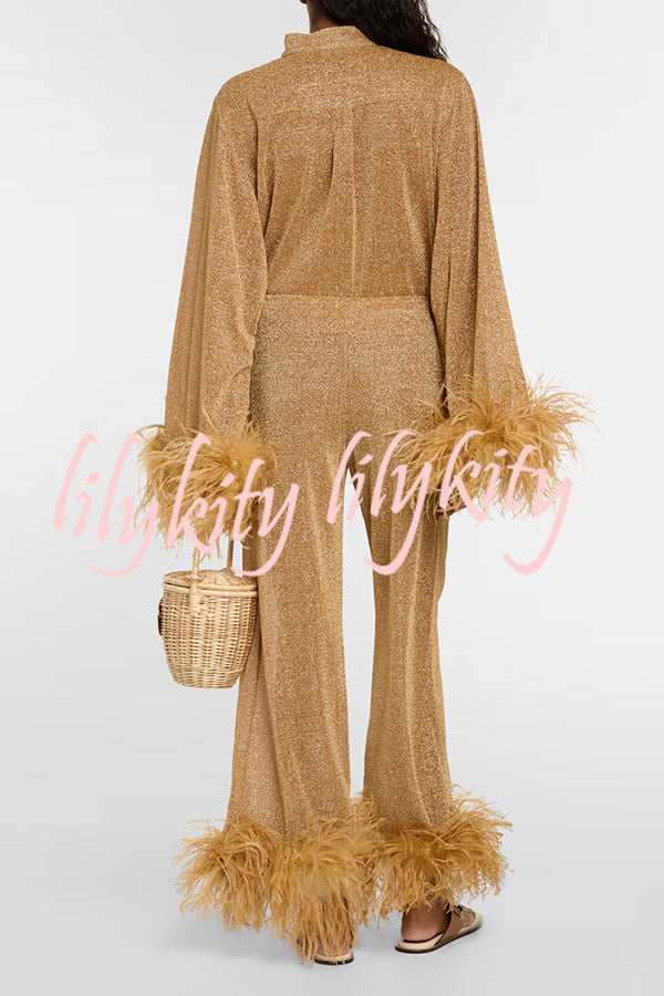 Glitter Fabric Feather Trim Long Sleeve Button Top and Elastic Waist Loose Straight Pants Set