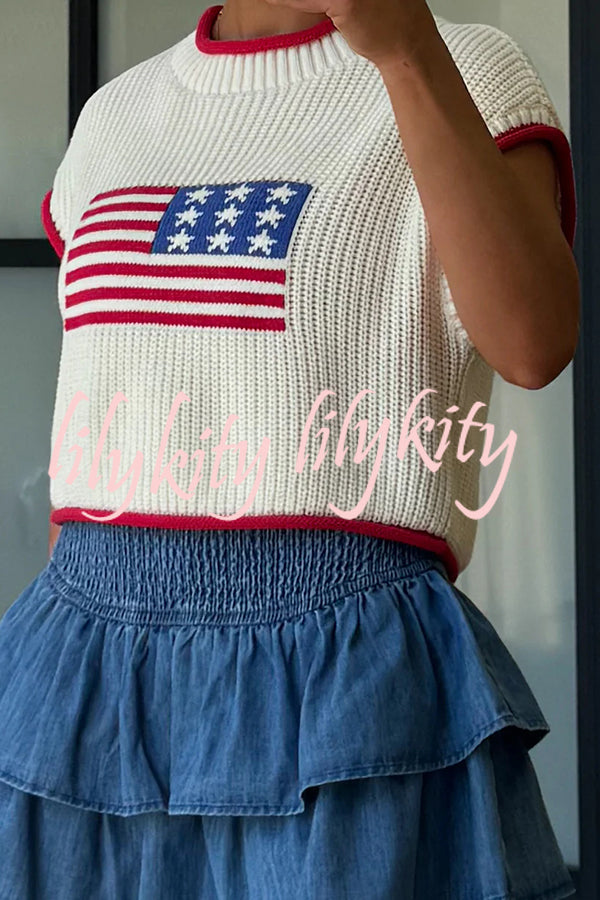 Independence Day Casual Crew Neck Short Sleeve Knit Sweater