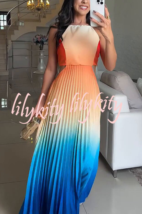 Fashionable Backless Tie Elegant Gradient Pleated Maxi Dress