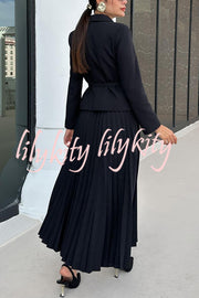 Solid Color Lapel Button Belt Blazer and Pleated Casual Maxi Skirt Set