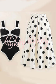 Bow Swimsuit and Elastic Waist Spotted One Piece Swimsuit + Skirt