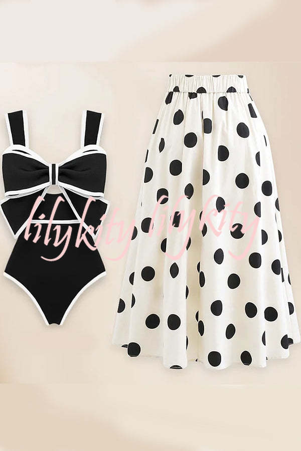 Bow Swimsuit and Elastic Waist Spotted One Piece Swimsuit + Skirt