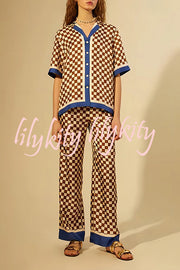 Olivia Satin Checkerboard Colorblock Print Shirt and Elastic Waist Pocketed Loose Pants Set