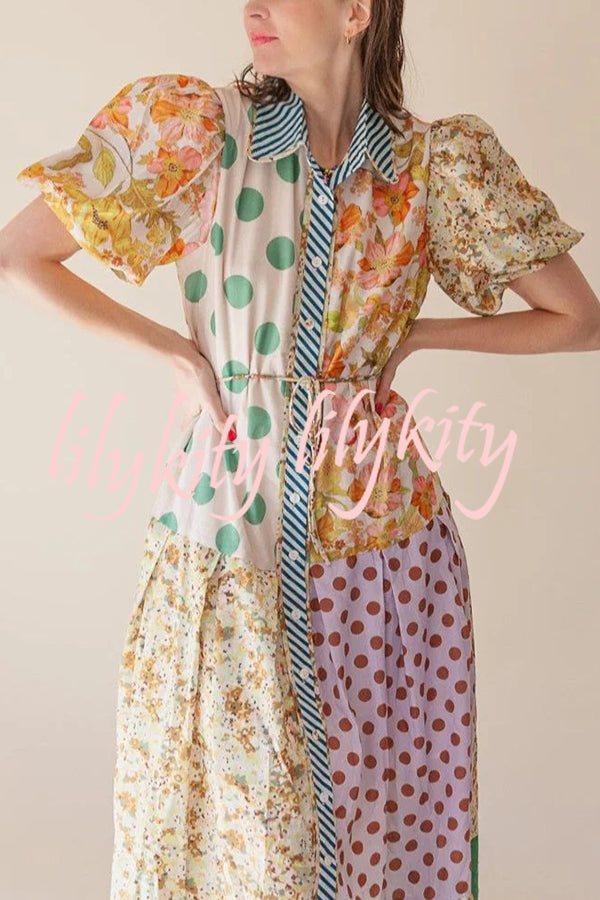 Linen Blend Unique Print Lapel Puff Sleeve Casual Midi Dress