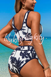 Solid Color Contrast High Waist Stretch Bikini Swimsuit