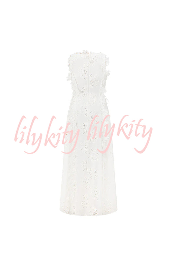 Mairi Embroidery Hollow Fabric Delicate Flower Trim Side Lace-up Maxi Dress
