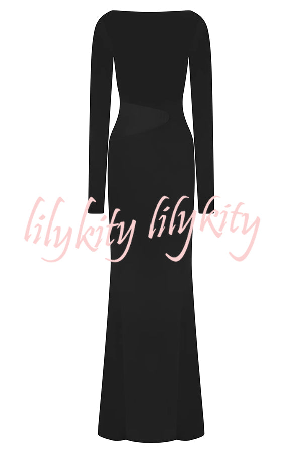 Fashion Long-sleeved Slim Sexy Hollow Slit Maxi Dress