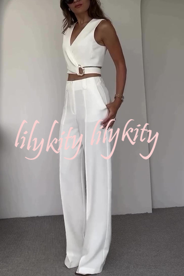 Crossover Slim Fit Sleeveless Vest and High Waisted Wide Leg Pants Set