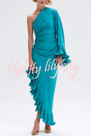 Elegant Satin One Shoulder Sleeve Pleated Ruffles Trim Ruched Asymmetrical Maxi Dress