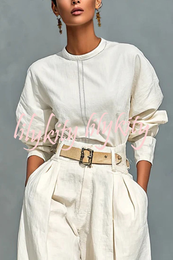 Fashionable Round Neck Long-sleeved Casual Top and High Waist Pocket Loose Wide-leg Pants Set