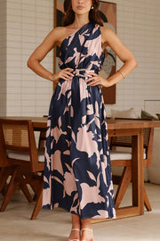 Unique Print Sleeveless One Shoulder Belted Maxi Dress