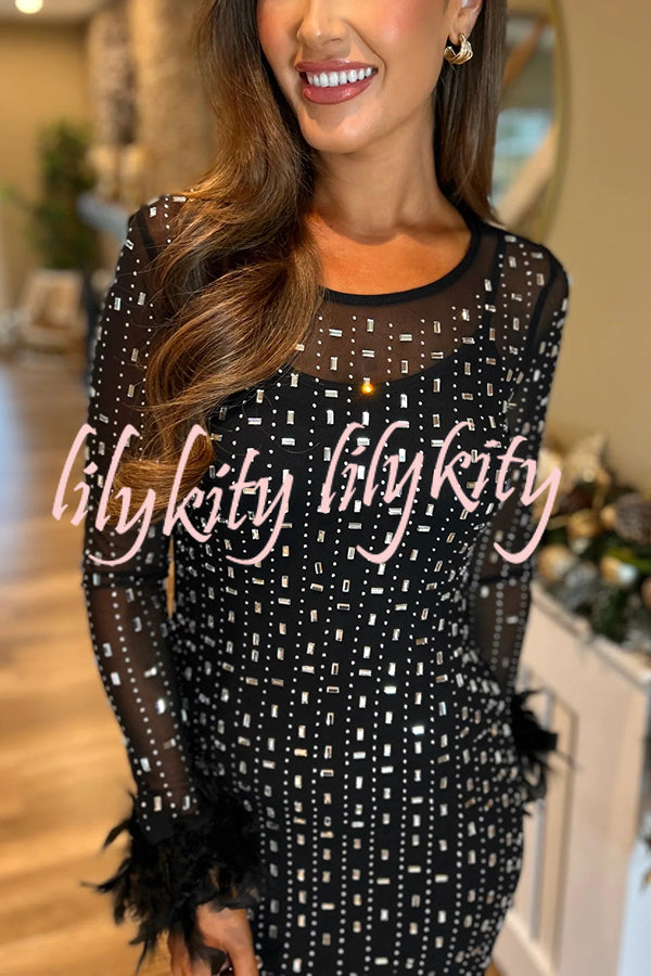 Sexy Long Sleeve Round Neck Feather Edge Rhinestone Decoration Slim Fit Maxi Dress