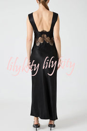 Wonderful Fusion Satin Lace Trim See-through Waist V-neck Drape Maxi Dress