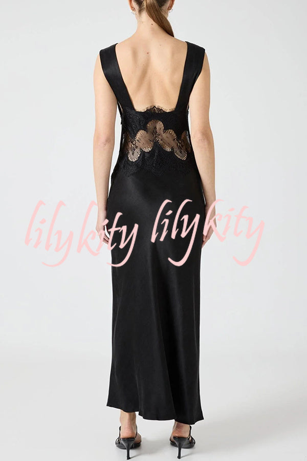 Wonderful Fusion Satin Lace Trim See-through Waist V-neck Drape Maxi Dress
