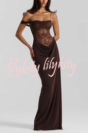 Sexy See-Through Lace Suspender Slim Slit Maxi Dress