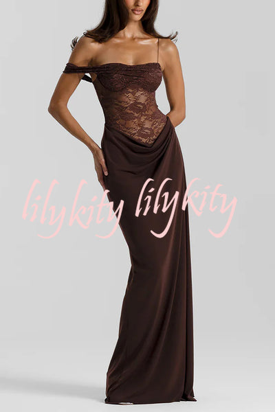 Sexy See-Through Lace Suspender Slim Slit Maxi Dress
