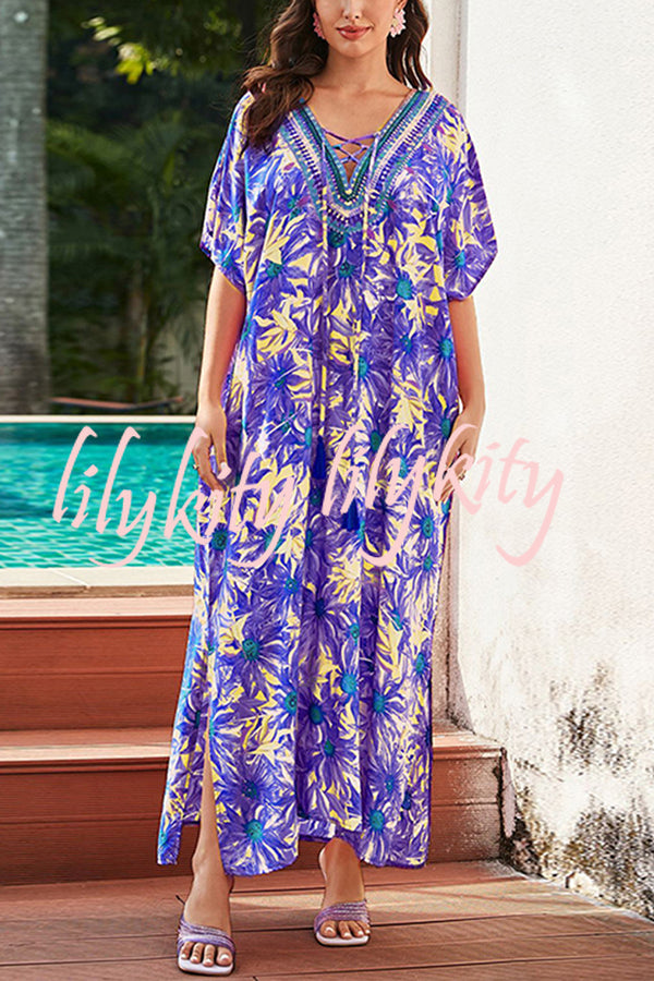 Floral Print V-Neck Lace-Up Loose Holiday Cover-Up Maxi Dress