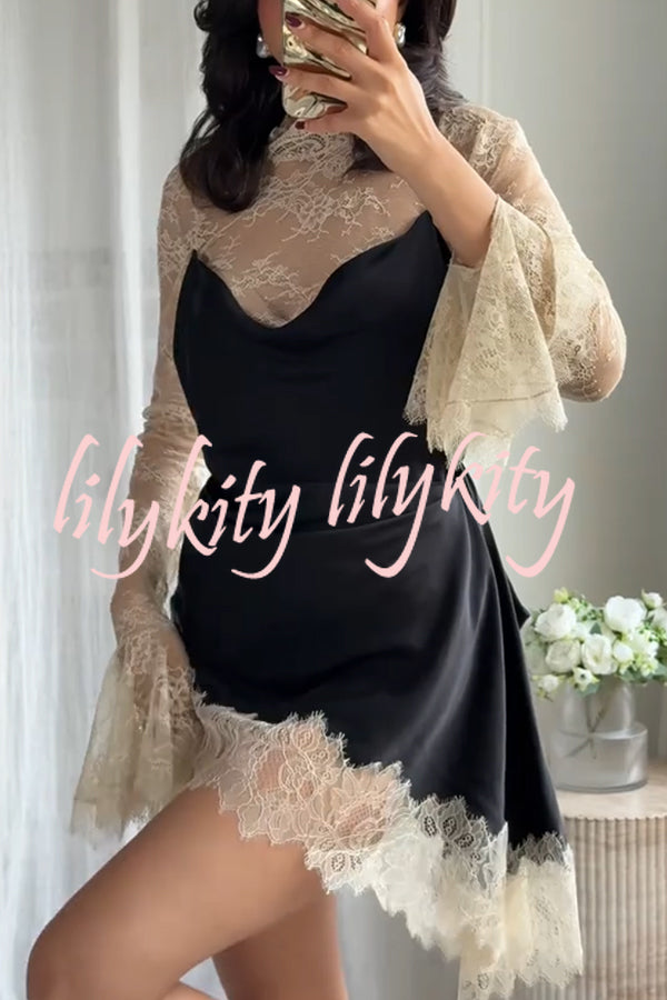 Gothic Romantic Lace Satin Patchwork High Neck Bell Sleeve Loose Mini Dress