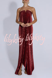 Party Time Pleated Metallic Fabric Off Shoulder Irregular Hem A-line Maxi Dress