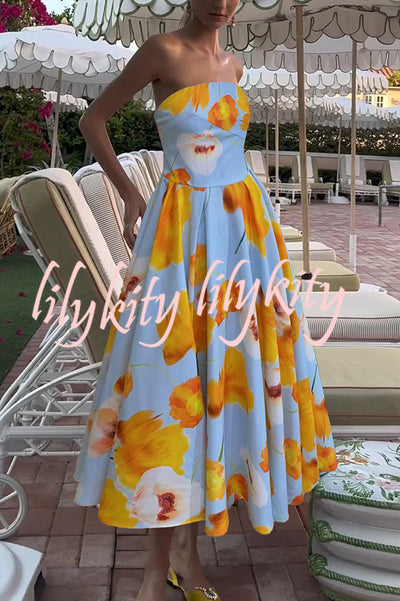 Floral Print Off Shoulder Backless Elegant Midi Dress