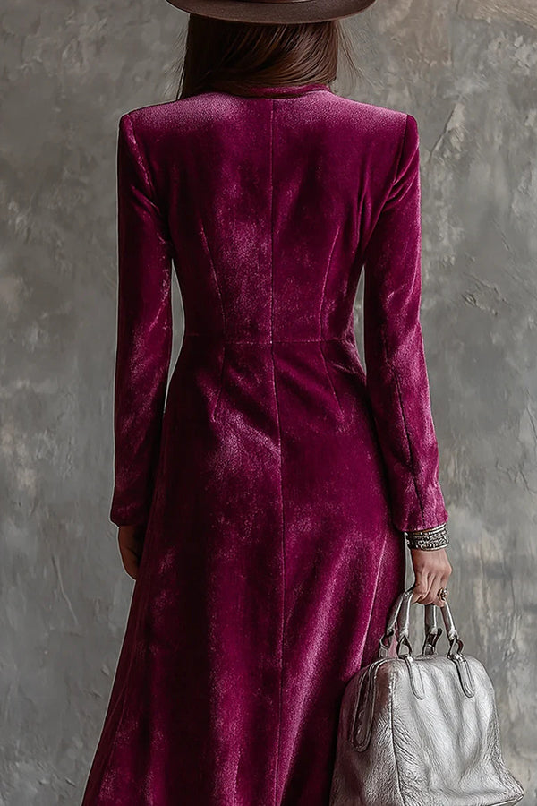 Elegant Velvet Collared Long-Sleeved Double-Breasted Midi Dress