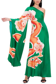 Elegance and Grace Satin Dragon Print One Shoulder Drape Sleeve Maxi Dress