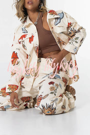 Angel Wings Denim Unique Print Button Up Long Sleeve Pocketed Relaxed Jacket