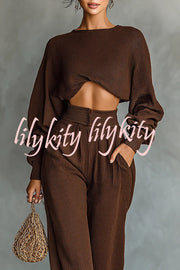 Solid Color Textured Fabric Round Neck Long-sleeved Top + High Waist Casual Pocket Wide-leg Pants Set