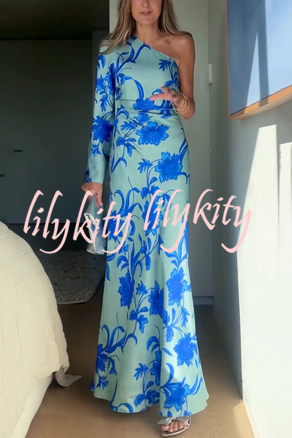 Satin Botanical Print One-Sleeve Resort Maxi Dress