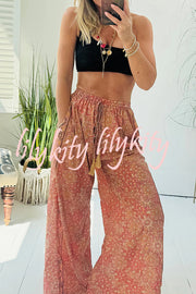 Vintage Boho Ethnic Print High Rise Elastic Drawstring Waist Pocketed Loose Pants