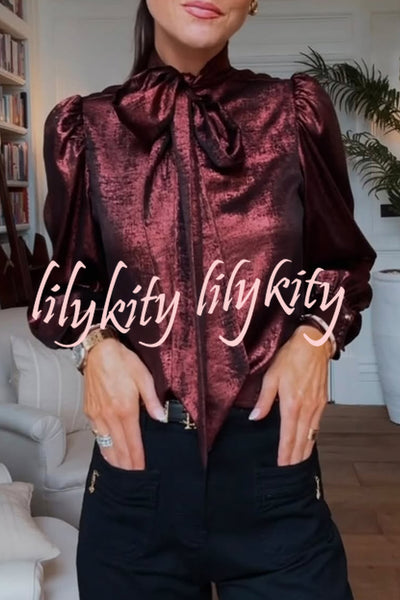 Ariella Metallic Satin Fabric Tie-up Bow Neck Long Sleeve Blouse