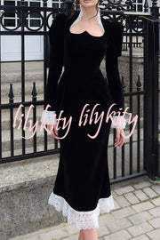 Baroque Style Velvet Lace Trim Sweetheart Neck Long Sleeve Flare Midi Dress