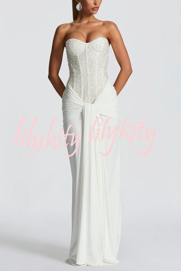 Carina Sequined and Satin Jersey Off Shoulder Ruched Knot Drape Maxi Dress
